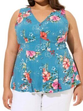 Torrid Womens Waist Button Detail Tank Top Bluesteel Floral Plus 2X New